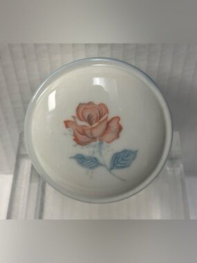 Vintage Otagiri Japan Porcelain Round Trinket Box Pink Rose Blue Trim